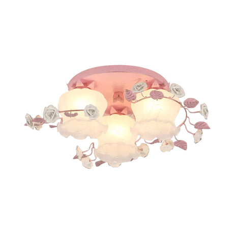 Pastoral Half-Open Flower Ceiling Lamp - 3/5-Light Semi Mount Lighting With Frosted Glass & Rose