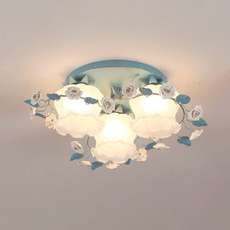 Pastoral Half-Open Flower Ceiling Lamp - 3/5-Light Semi Mount Lighting With Frosted Glass & Rose