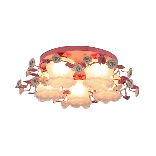 Pastoral Half - Open Flower Ceiling Lamp - 3/5 - Light Semi Mount Lighting With Frosted Glass &