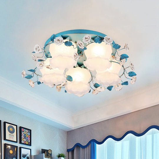 Pastoral Half - Open Flower Ceiling Lamp - 3/5 - Light Semi Mount Lighting With Frosted Glass &