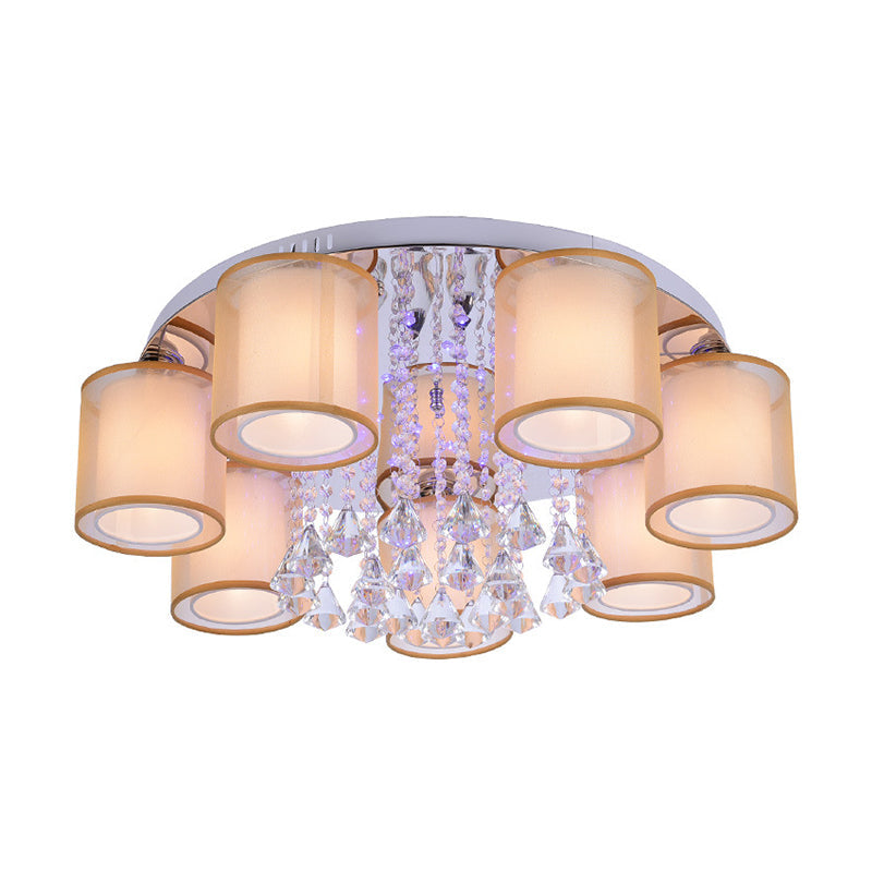 Modern Chrome Sheepskin Ceiling Light With Clear Crystal Accent - 3/7 Lights Cylinder Flush Mount