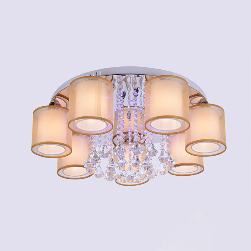 Modern Chrome Sheepskin Ceiling Light With Clear Crystal Accent - 3/7 Lights Cylinder Flush Mount