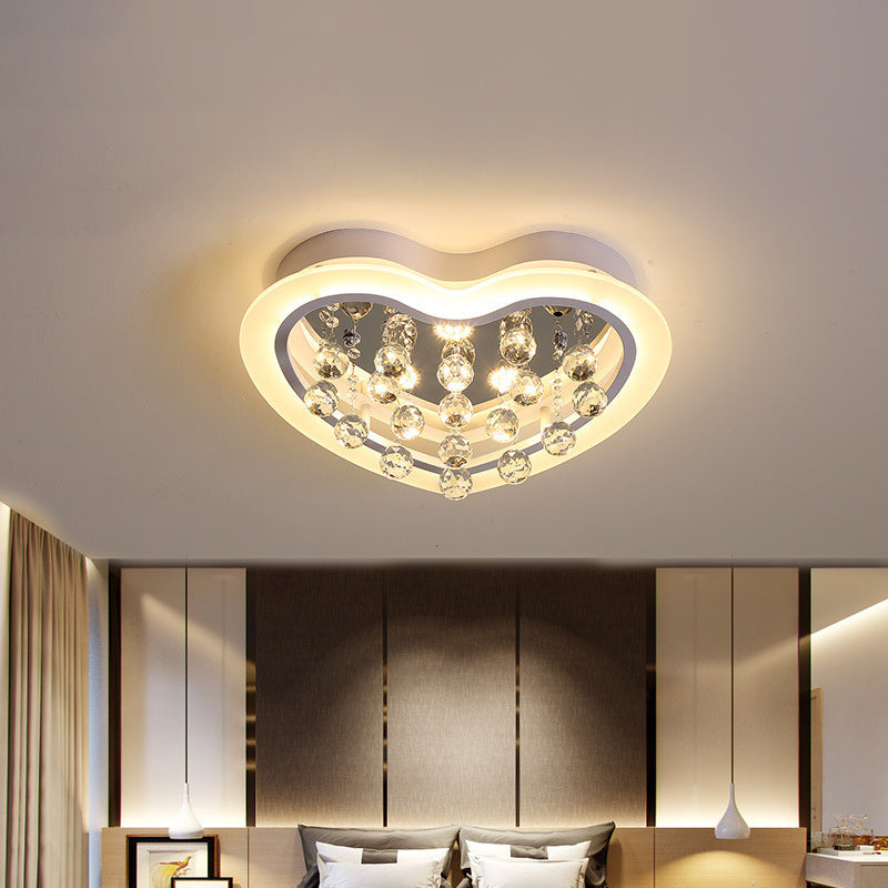 Minimalist Led Heart Ceiling Light In White With Crystal Orb - 16/19.5 Acrylic Flush Fixture For