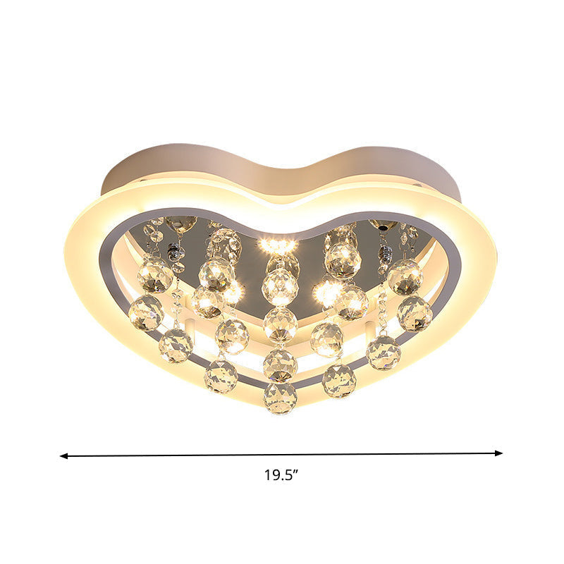 Minimalist Led Heart Ceiling Light In White With Crystal Orb - 16/19.5 Acrylic Flush Fixture For