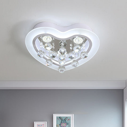 Minimalist Led Heart Ceiling Light In White With Crystal Orb - 16/19.5 Acrylic Flush Fixture For