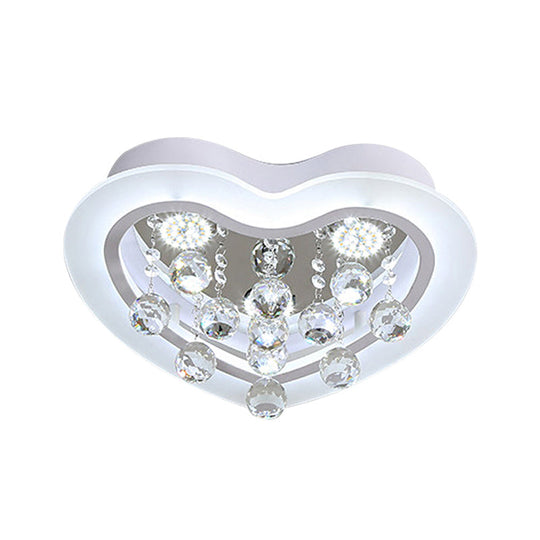 Minimalist Led Heart Ceiling Light In White With Crystal Orb - 16’/19.5’ Acrylic Flush Fixture