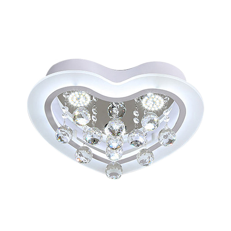 Minimalist Led Heart Ceiling Light In White With Crystal Orb - 16/19.5 Acrylic Flush Fixture For