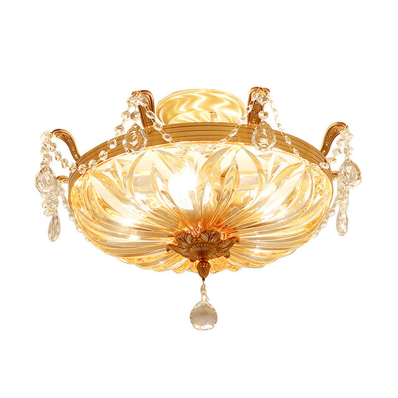 Semi Flush Amber Crystal Glass Brass 5 - Bulb Modern Light Fixture For Bedroom