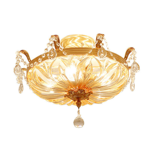 Semi Flush Amber Crystal Glass Brass 5 - Bulb Modern Light Fixture For Bedroom