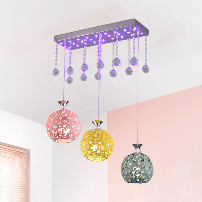 Contemporary Crystal Ball Pendant Light With Chrome Cluster - 3 Bulb Globe Design / Linear