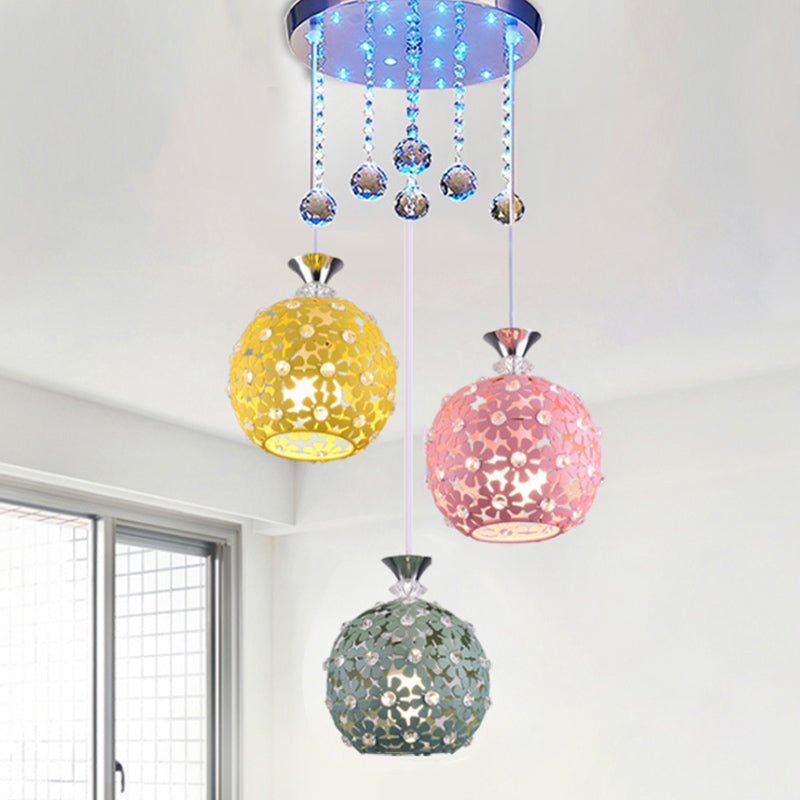 Modern Crystal Ball Chrome Pendant Light With Cluster Design - 3-Bulb Hanging Fixture
