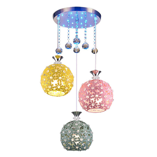 Contemporary Crystal Ball Pendant Light With Chrome Cluster - 3 Bulb Globe Design