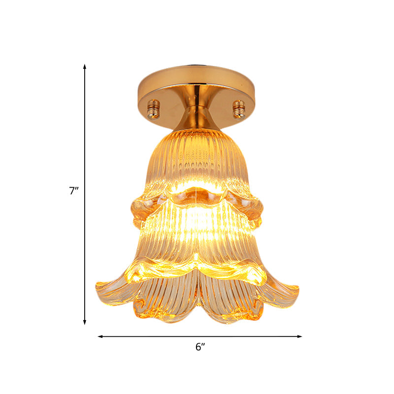 Amber Crystal Flower Corridor Ceiling Light With Gold Finish Flush Mount Single Bulb