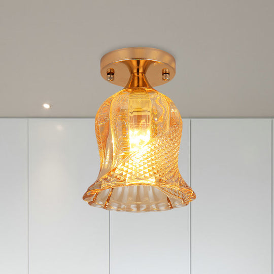 Amber Crystal Flower Corridor Ceiling Light With Gold Finish Flush Mount Single Bulb