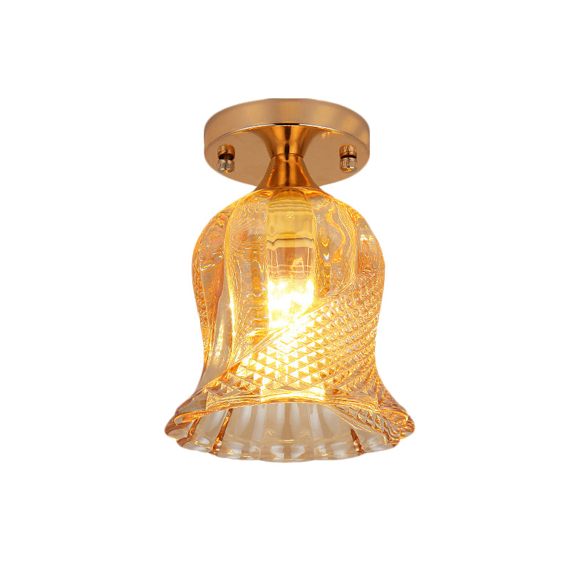 Amber Crystal Flower Corridor Ceiling Light With Gold Finish Flush Mount Single Bulb