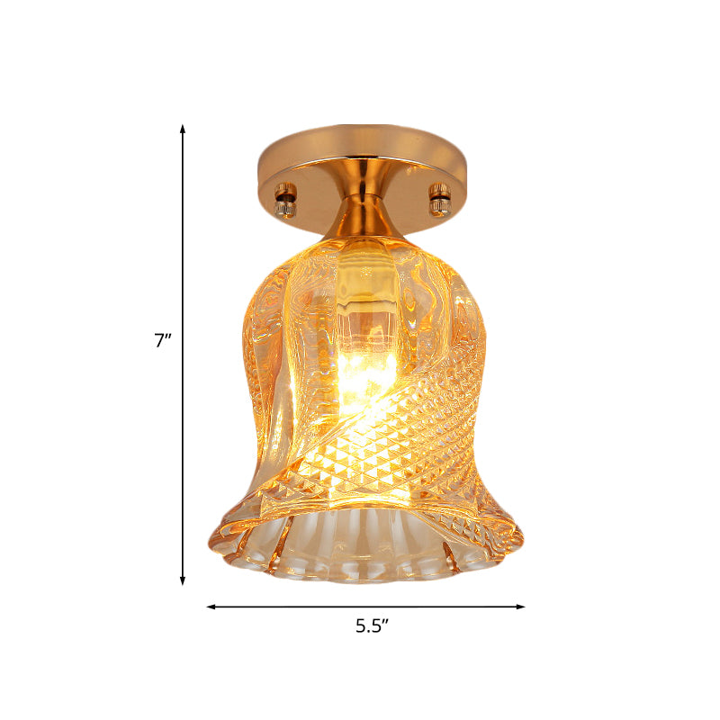 Amber Crystal Flower Corridor Ceiling Light With Gold Finish Flush Mount Single Bulb