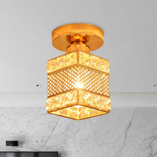 Gold Crystal Flush Mount Ceiling Lamp - Elegant 1-Light Fixture For Hallways