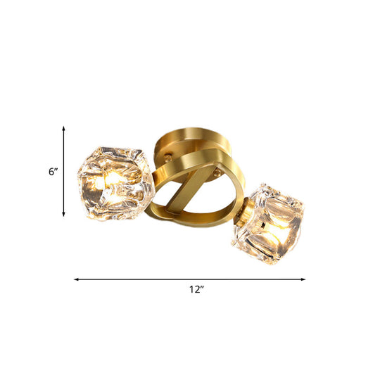 Minimalist Crystal Block Flush Ceiling Light In Brass - 2 - Light Semi Mount Fixture