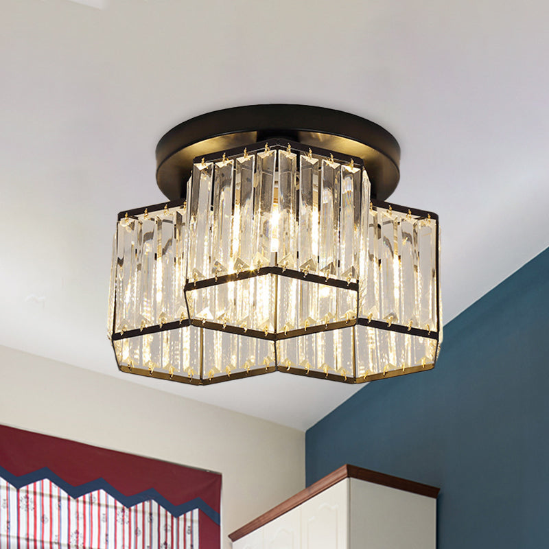 Simple Crystal Hexagonal Flush Mount Light Fixture For Bedroom - Black 3/7 Heads Ceiling Lighting