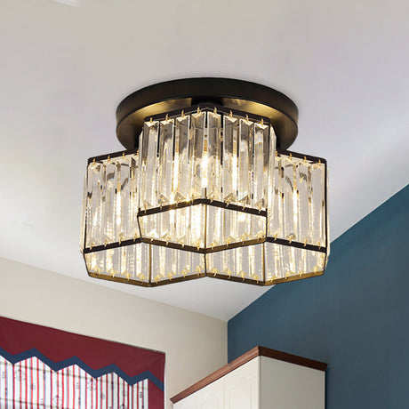 Simple Crystal Hexagonal Flush Mount Light Fixture For Bedroom - Black 3/7 Heads Ceiling Lighting