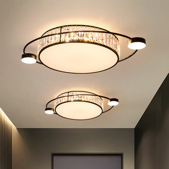 Modern K9 Crystal Black Flush Light Drum Led For Bedroom - 26’/31.5’ W Mount Lighting Fixture