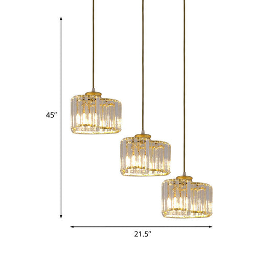Modernist Crystal Cluster Pendant Lights In Gold - 3 Head Suspension Lighting For Restaurants