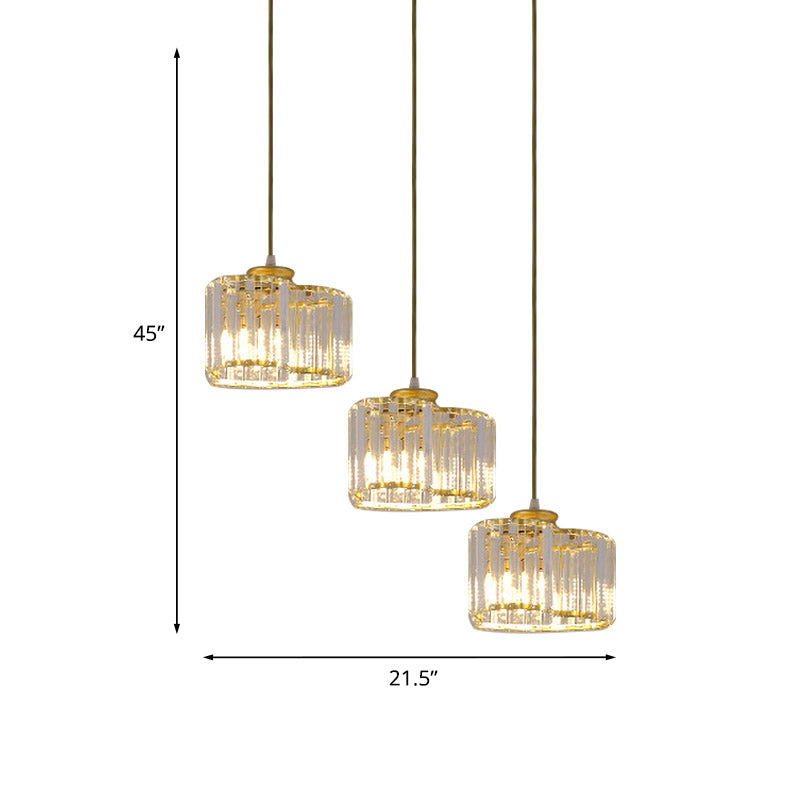 Gold Modernist Heart Cluster Pendant With Clear Crystal Blocks - 3 Head Suspension Lighting For
