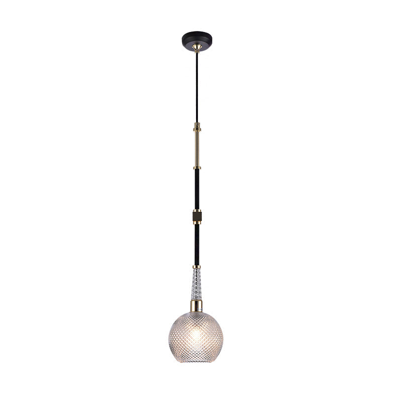 Modern Clear Glass Globe Pendant With Latticed Design - 1 Bulb Black Ceiling Light For Bedside