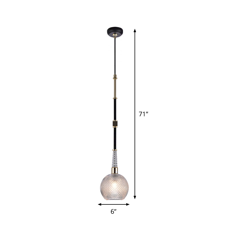 Modern Clear Glass Globe Pendant With Latticed Design - 1 Bulb Black Ceiling Light For Bedside