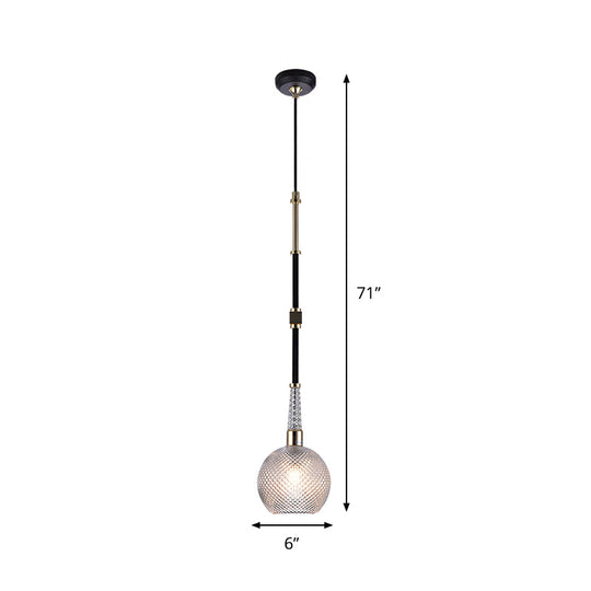 Modern Clear Glass Globe Pendant With Latticed Design - 1 Bulb Black Ceiling Light For Bedside