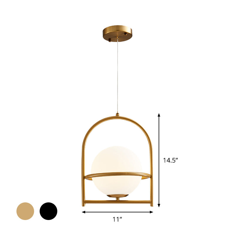 Opal Glass Ball Light With Birdcage Design - Modern Ceiling Fixture For Bedside Black/Gold 9/11
