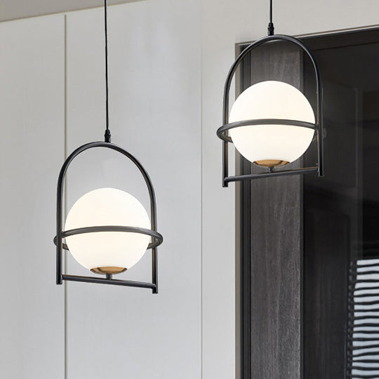Modern Ball Suspension Light with Birdcage Design Opal Glass 1 Bulb 9’’/11’’ Wide Bedside Ceiling Fixture - Black/Gold