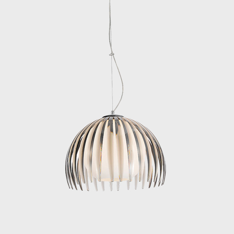 Modern Chrome Dome Pendant Lamp With Opal Glass Shade & Metal Pendulum