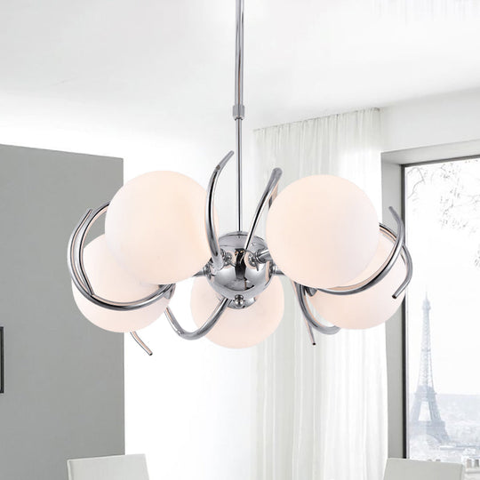 Modern Cream Glass Pendant Chandelier With Spherical Design - 5-Head Chrome Twisted Hanging Light