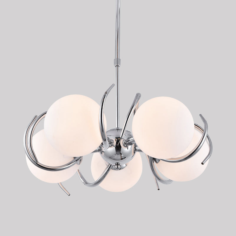 Modern Cream Glass Pendant Chandelier With Spherical Design - 5-Head Chrome Twisted Hanging Light