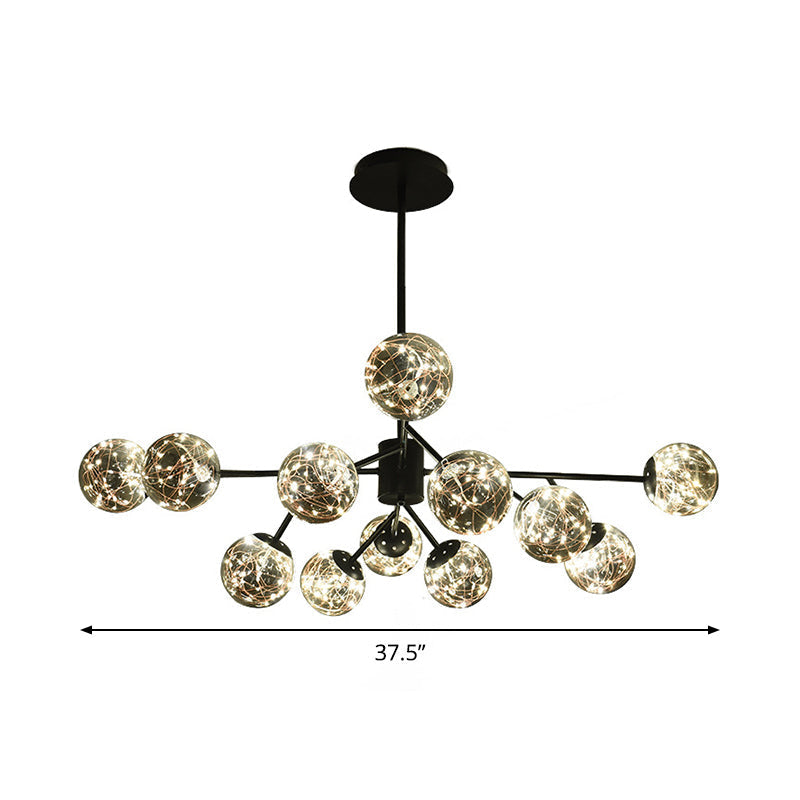 Modern Black Branch Chandelier Lamp - 12 Lights Globe Smoke Gray Glass Shade