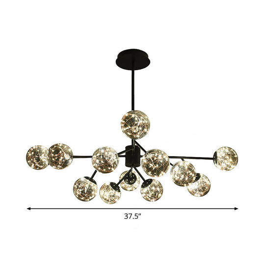 Modern Black Branch Chandelier Lamp - 12 Lights Globe Smoke Gray Glass Shade