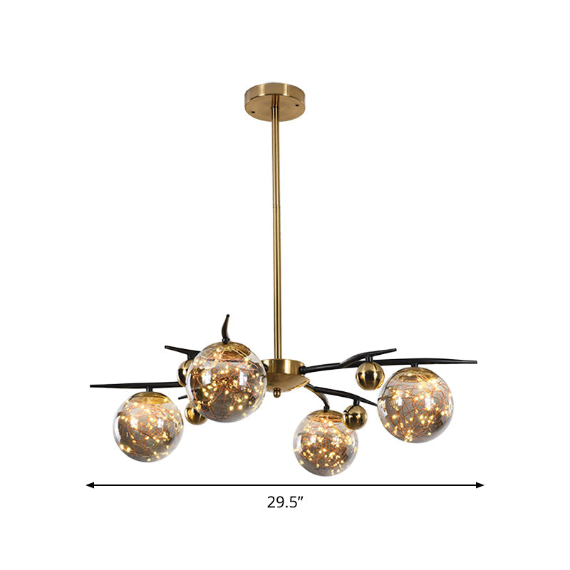 Contemporary Brass Globe Chandelier With Glowworm Design - 4/6 Lights Smoke Gray Glass Radial