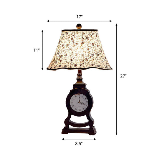 Reagan - Black 1-Bulb Desk Lamp Classic Fabric Flared Flower Patterned Table Light With Clock Design