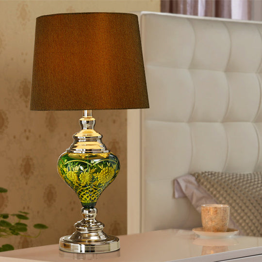 Simona - Brown 1 Light Desk Lamp Country Tapered Drum Fabric Nightstand In With Vase Base