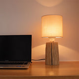 Classic Style Cylinder Fabric Bedroom Night Light With Wood Nightstand