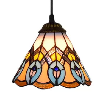 Multi-Color Baroque Style Pendant Light: Adjustable Mini Peacock Tail Design With Art Glass Cone