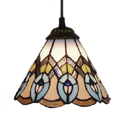 Multi-Color Baroque Style Pendant Light: Adjustable Mini Peacock Tail Design With Art Glass Cone
