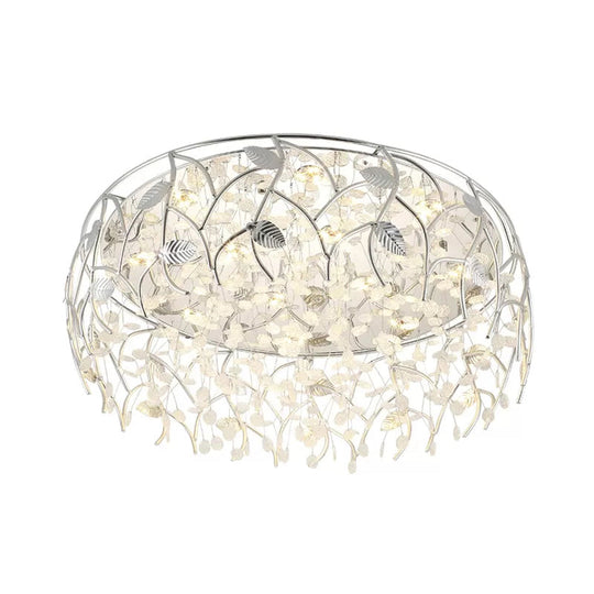 Romantic Chrome Flush Mount Light With Leaf & Crystal Bead Ceiling Fixture For Bedroom