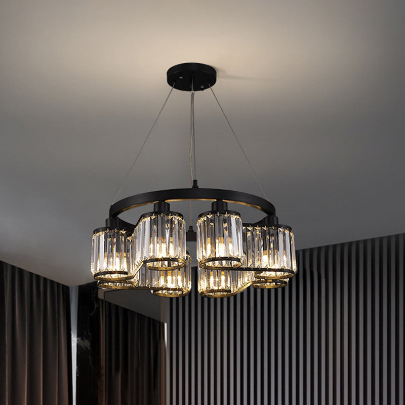Modern Cylindrical Clear Crystal Black Suspension Chandelier - 6/8 Lights