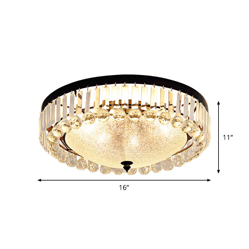 5 - Bulb Textured Glass Dome Flush Mount Light In Black With Crystal Accent