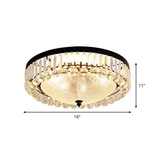 5 - Bulb Textured Glass Dome Flush Mount Light In Black With Crystal Accent
