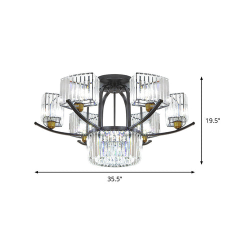 Modern Sputnik Crystal Block Flush Light Fixture - 9/12 Head Semi Mount In Black