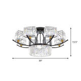 Modern Sputnik Crystal Block Flush Light Fixture - 9/12 Head Semi Mount In Black