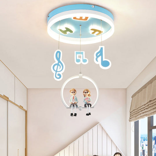 Musical Note Led Ceiling Light With Adorable Boy And Girl Resin Figures - Blue Acrylic Flush Mount